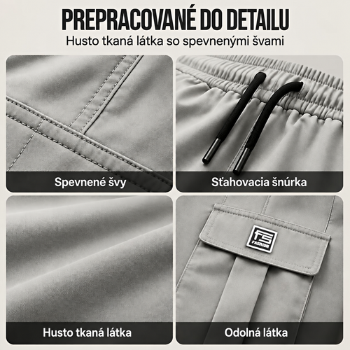 Varga | Cargo nohavice pre pánov | Voľný strih s množstvom vreciek – detaily spracovania: spevnené švy, sťahovacia šnúrka, odolná látka