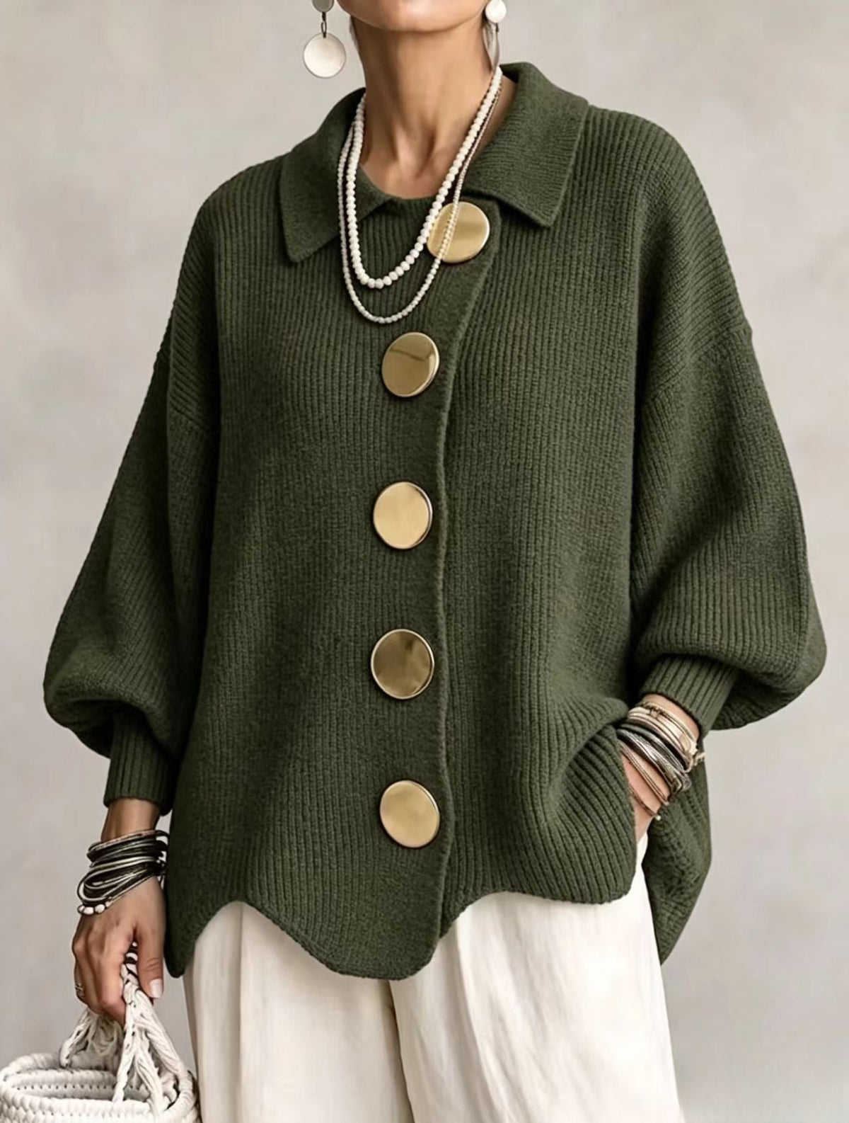 Varga | Cardigan Oversize s golierom a veľkými kovovými gombíkmi