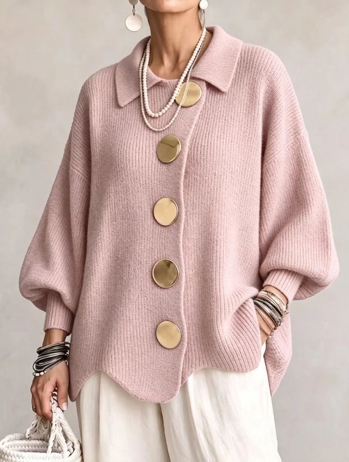 Varga | Cardigan Oversize s golierom a veľkými kovovými gombíkmi