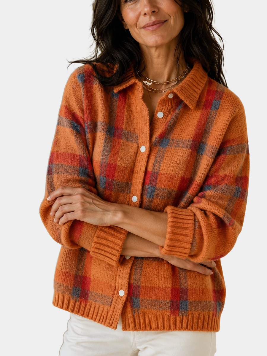 Varga | Cardigan Anna feminino — Padrão xadrez em malha macia, outono